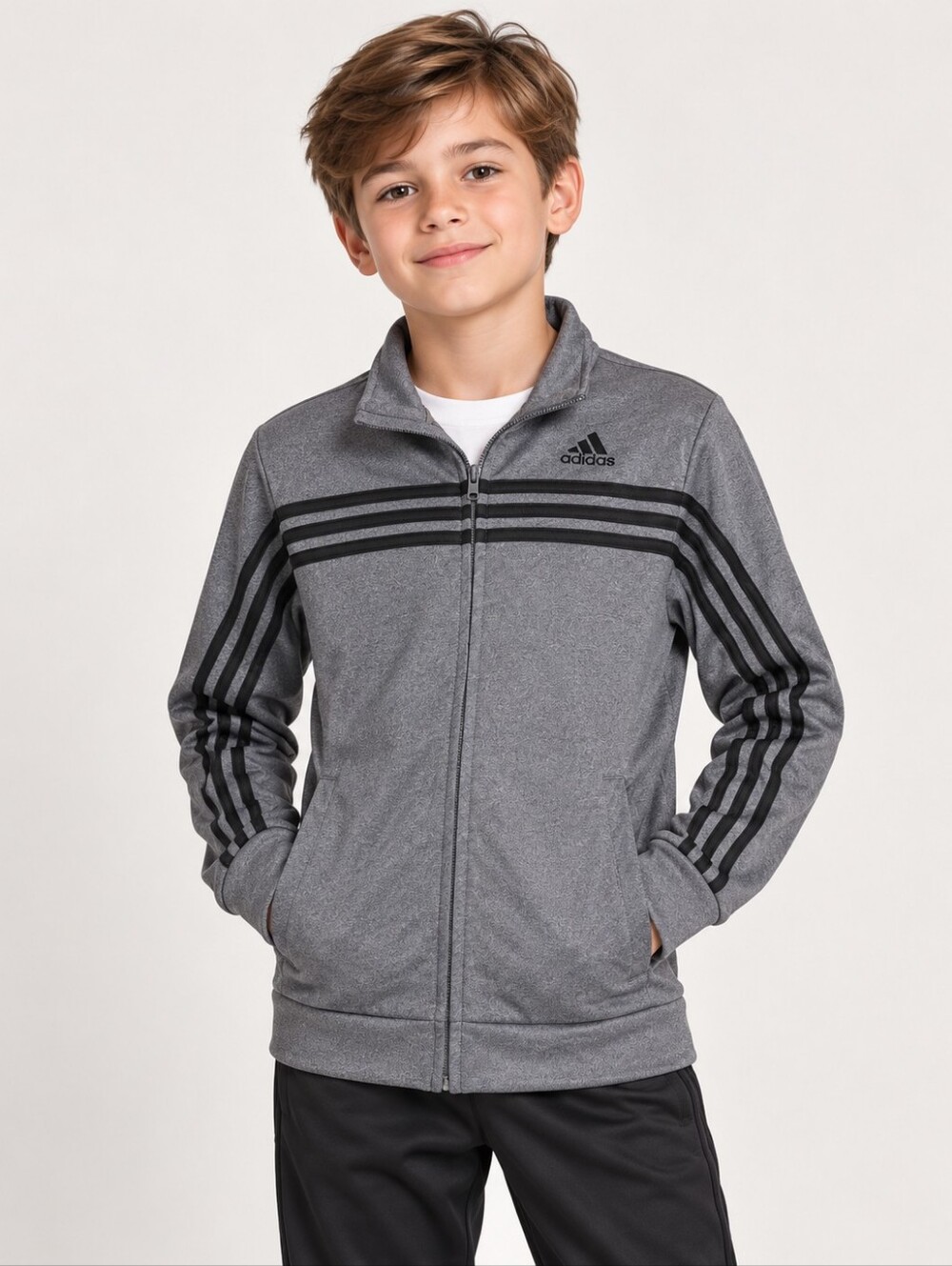 Adidas Boys Gray 3-Stripes Full Zip Track Jacket Size 10